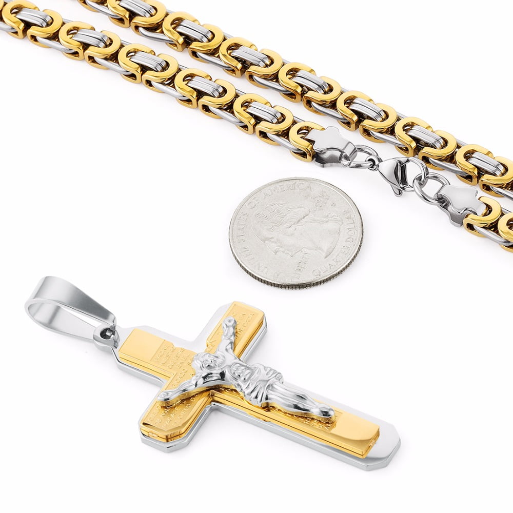 Lordluxury Crucifix Jesus Cross Necklace 14K Yellow Gold Christs Pendant Byzantine Chain Men Necklaces Jewelry Gifts