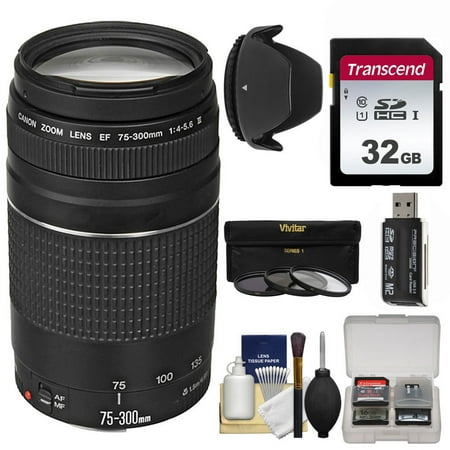 Canon EF 75-300mm f/4-5.6 III Zoom Lens with 3 Filters + Hood + 32GB SD Card + Kit for EOS 5D Mark II III, 6D, 7D, 70D, Rebel T3, T3i, T5, T5i, SL1