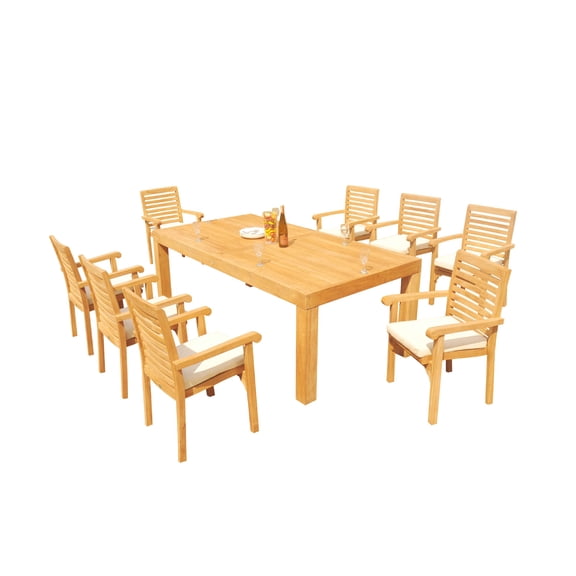 Grade-A Teak Dining Set: 8 Seater 9 Pc: 86" Canberra Rectangle Table And 8 Hari Stacking Arm Chairs Outdoor Patio WholesaleTeak #51HR1909