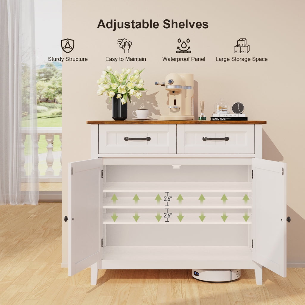 Coffee Bar Cabinet, Aiho 35" Farmhouse Kitchen Pantry Storage Cabinet, 2 Drawers, Adjustable Shelf - White+Retro