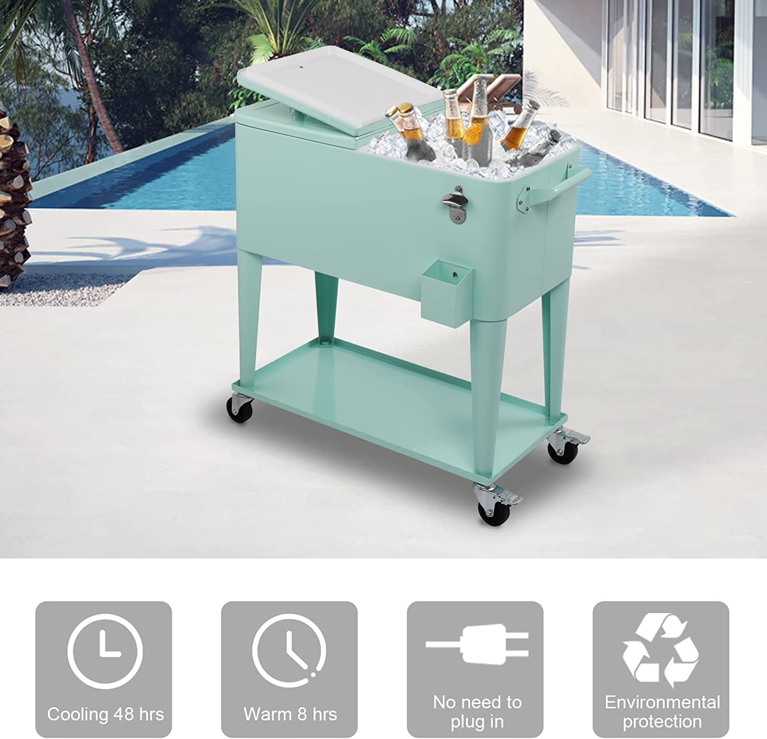 VINGLI 80 Quart Rolling Cart on Wheels, Portable Bar Drink Cooler, Beverage for Patio Pool Party, Ice Chest with Shelf,Bottle Opener,Water Pipe