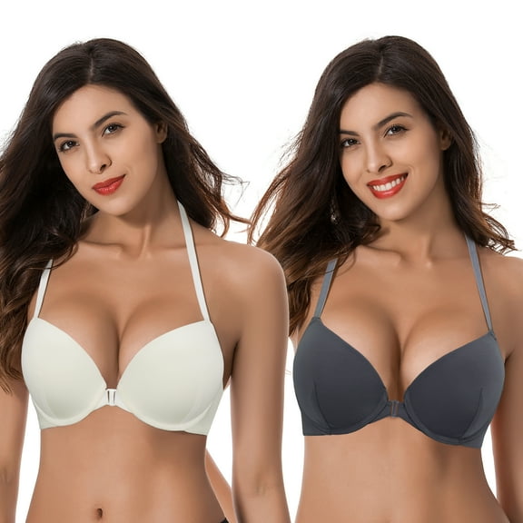 Curve Muse Womens Push Up Add 1 and a half Cup Underwire Halter Front Close Bras -2PK-Cream,Grey-32B