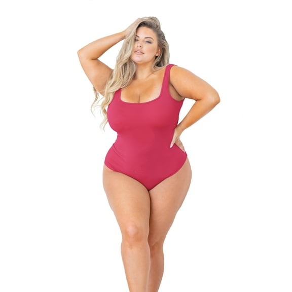 POSESHE Women's Plus Size Square Tank Bodysuit in Black, S-5X