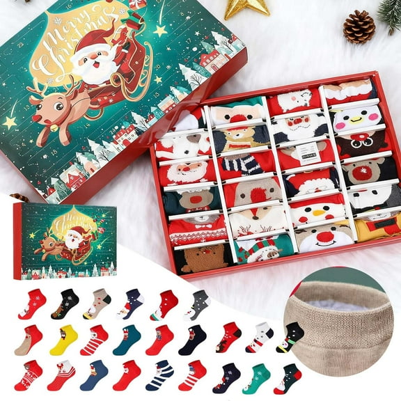 Countdown Sets Socks Advent Calendar for Kids Featuring 24 Days of Festive Designs Including Santa and Snowman Patterns