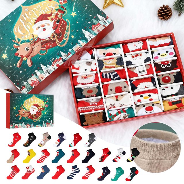 24 Days Christmas Socks Advent Calendar Set For Kids Holiday Countdown With Festive Santa Snowman Designs