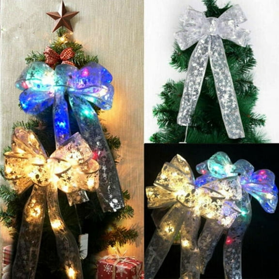 ZOELNIC Christmas LED Tree Top Topper Sliver Ribbon Bow Light Up Bow Xmas Hanging Decorations, Warm White Light