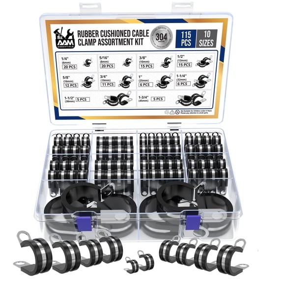 115 pcs cable clamps-304 Stainless Steel-Rubber Cushion Wire clamps-10 sizes 1/4" 5/16" 3/8" 1/2" 5/8" 3/4" 1" 1-1/4" 1-1/2" 1-3/4"-Assortment kit for pipe & wire mounting (Extra 5pcs)
