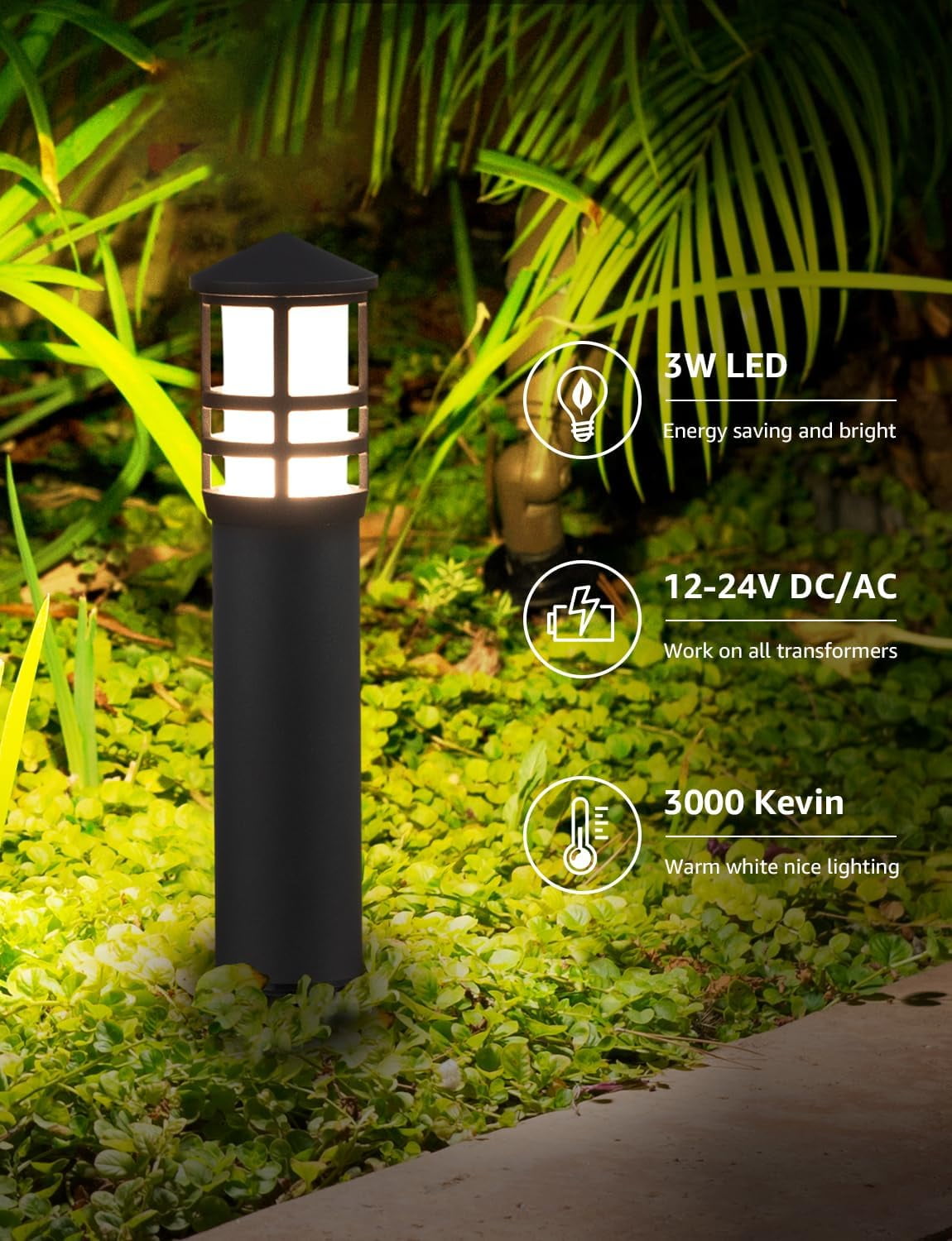 SUNVIE Low Voltage Pathway Light 3W 3000K LED Landscape Bollard Path Lighting Outdoor for Yard