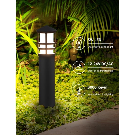 4-Pack Low Voltage Pathway Lights 3W 3000K 12-24V LED Landscape Bollard Path Lights with Connectors CRI 90 Aluminum Outdoor Landscape Lighting for Walkway Yard Garden, ETL Listed Cord
