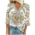 thumbnail image 2 of Weiqiqre Summer Fashion Tops for Women Floral Printed Lace V-Neck 3/4 Sleevet Casual T-shirt Blouse, 2 of 5