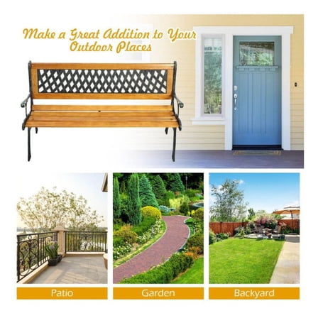 Cast Iron Patio Bench Outdoor, 49.5" Garden Bench for 3 Adults, Heavy Duty 463 lbs Capacity, Weatherproof Park Bench with Wood Seat & Backrest, Black