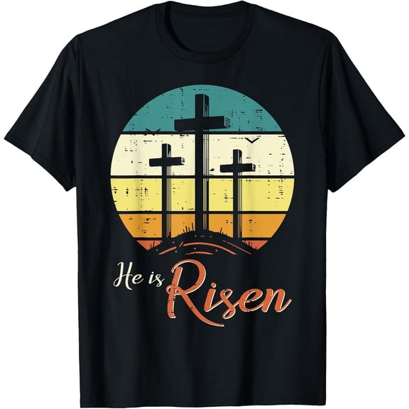 Men's Easter Christian He is Risen Retro Jesus Cross T-Shirt, Comfortable Breathable Soft Tee, Men's 100% Cotton T-Shirt 180gsm