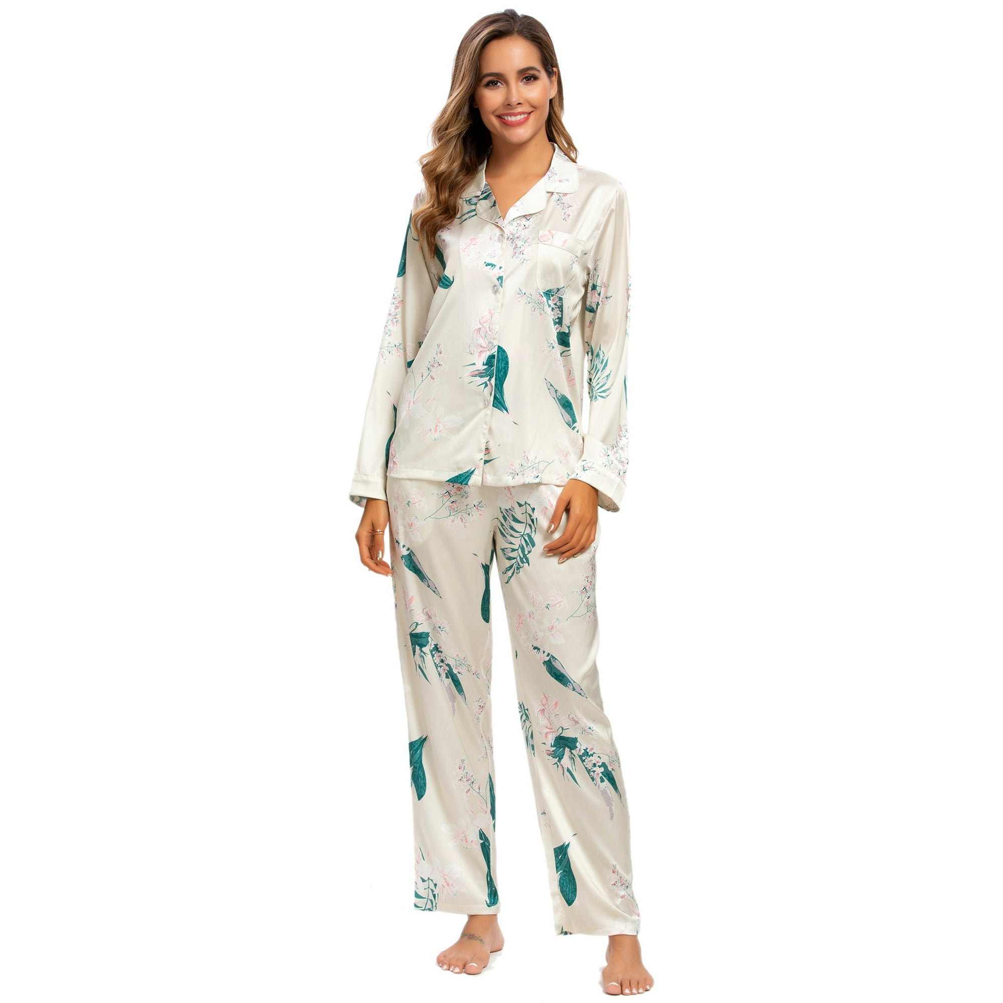 Mint Limit Mintlimit Womens Silk Satin Pajamas Set Button Down Pjs Floral Long Sleeve Sleepwear Lady Nightwear Soft Lounge Sets S Beige