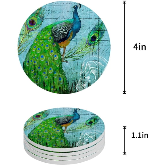 FMSHPON Peacock Retro Painting Set of 4 Round Coaster for Drinks, Absorbent Ceramic Stone Coasters Cup Mat with Cork Base for Home Kitchen Room Coffee Table Bar Decor