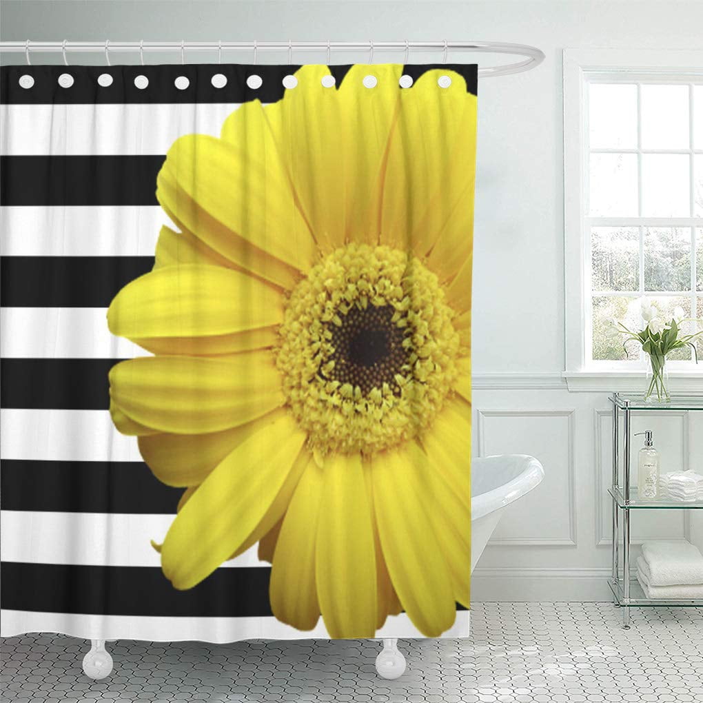 Libin Colormegirly Yellow Daisy Flower Black White Daisies Flora Stripe Shower Curtain 66x72 inch