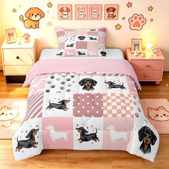Manfei Cute Dachshund Dog Twin Comforter Sets, Buffalo Plaid Bedding Set, Pink White, Pink Reversible, 2 Pieces, 1 Comforter and 1 Pillowcase