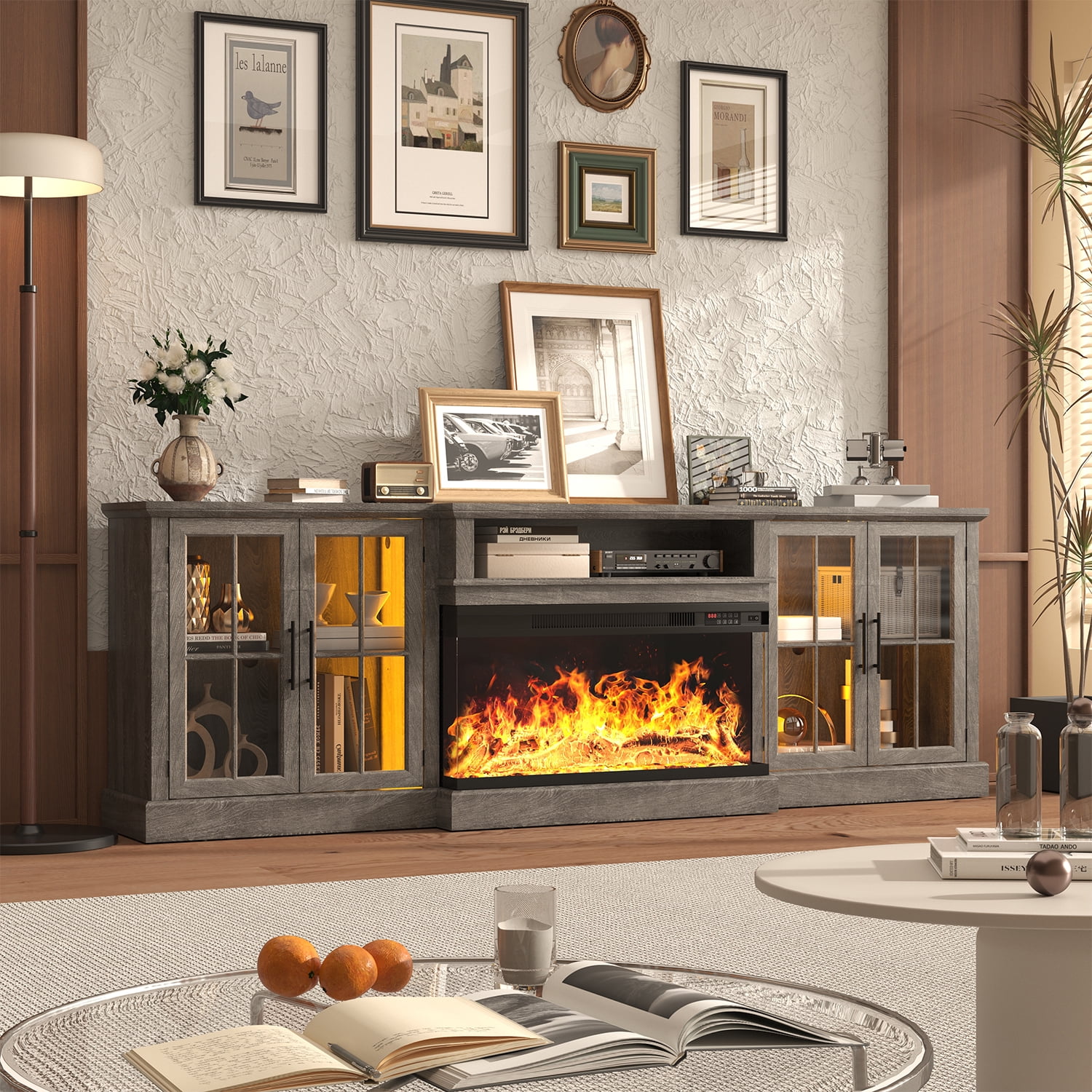 Sonegra 98" Farmhouse TV Stand with Fireplace for TVs up to 100", Media Entertainment Center with Adjustable Shelves and Large Storage Cabinets, for Living Room, Gray