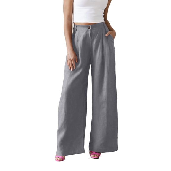 GUACER Womens Cotton Linen Palazzo Pants High Waisted Button with Pockets Wide Leg Trousers Casual Summer Slacks