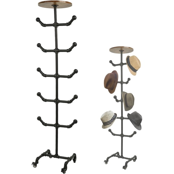 Industrial Hat Rack, Heavy Duty Metal Pipe Coat Rack with Lockable Wheels, Freestanding Hat Stand with Hooks for Home & Retail Store