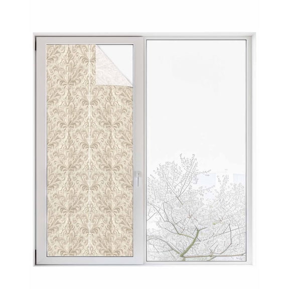 Window Privacy Film Beige Baroque Stained Glass Window Film Decorative Sun Block Window Cover Farmhouse Scroll Floral Pattern Art Window Clings Static Adhesive Sticker for Bathroom 29.5"x78.7"
