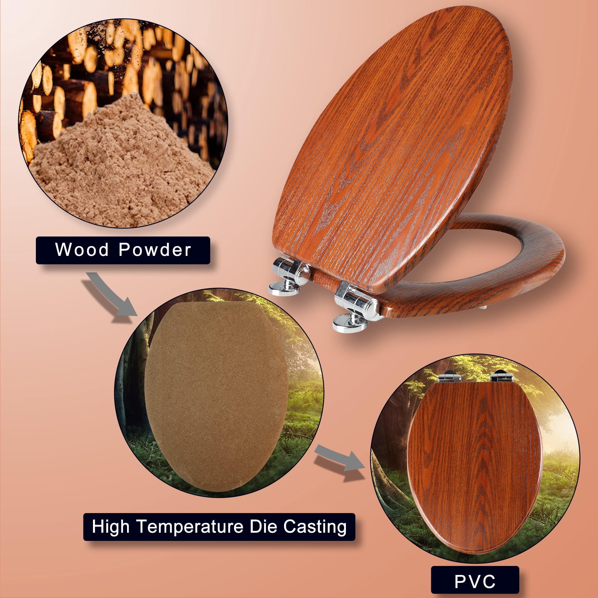 Elongated Toilet Seat Molded Wood Toilet Seat with Quietly Close and Quick Release Hinges, Easy to Install also Easy to Clean by Angol Shiold (Elongated, Brownish Yellow)