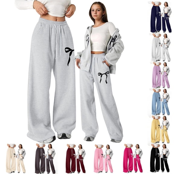MUXiin Toddler Sweatpants Girl Bow Baggy Y2k Parachute Track Pants Elastic Waist Girs Athletic Joggers Open Bottom Comfy Sweat Pants with Pockets Preppy Clothes for Girls