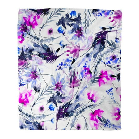 Country Couch SIDONKU Throw Blanket Warm Cozy Print Flannel Hand Watercolor Country Bouquet Pattern Flowers and Abstract Grange Ink Stains Comfortable Soft for Bed Sofa and Couch 58x80 Inches ()