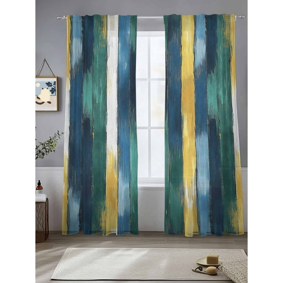 Navy Blue Stripe Sheer Curtains for Living Room Bedroom Vintage Yellow Geometric Abstract Sheer Curtains 96 Inch Long 2 Panels Set Light Filtering Curtain Window Treatments Drapes for Dining Room