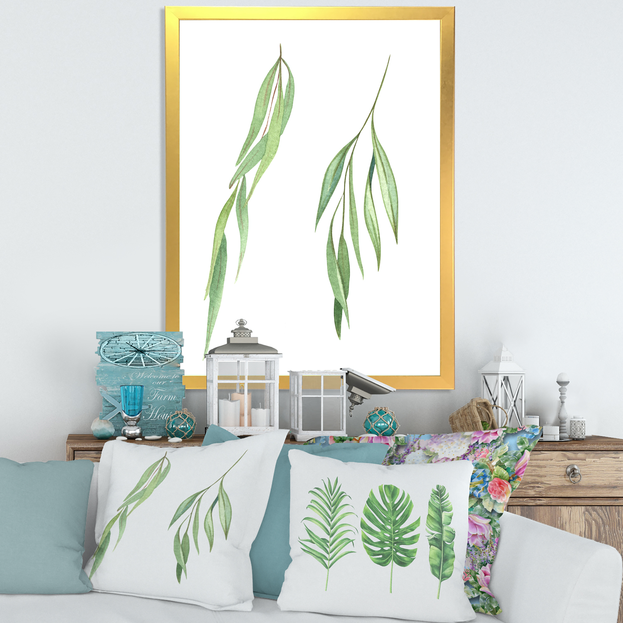 Designart 'Two Willow Branches On White' Farmhouse Framed Art Print