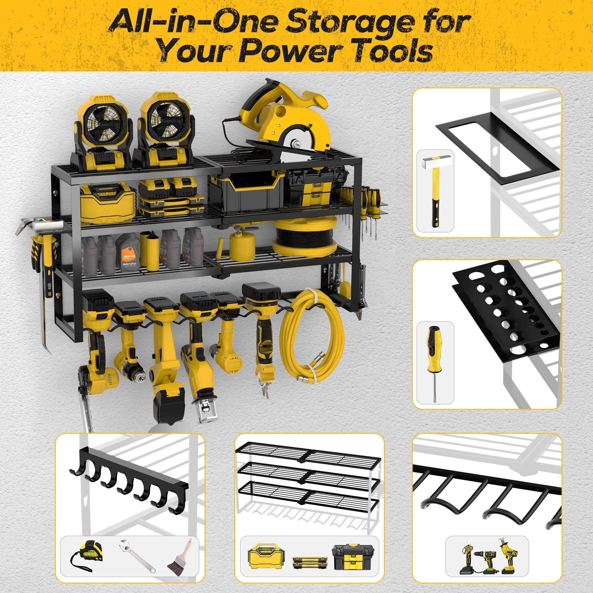Riousery Heavy Duty Power Tool Organizer Wall Mount, 4-Tier Garage Storage Tool Rack with 8 Cordless Drill Holders, 350 LBS Capacity