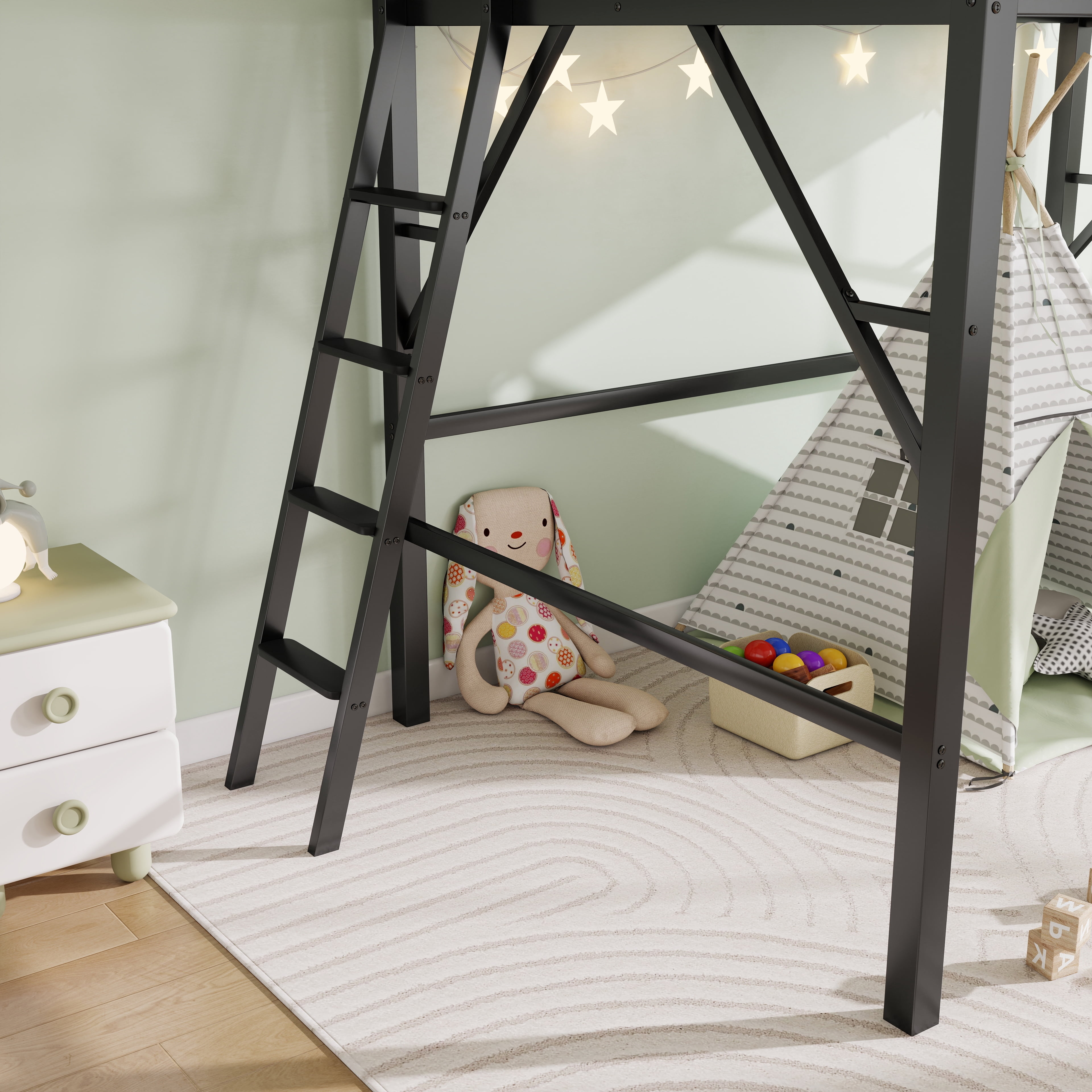 Leumius Full Size Loft Bed with Ladder and Storage Shelves,Metal High Loft Bed for Bedroom,Black