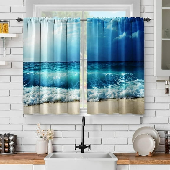 Ocean Beach Kitchen Curtains - Blue Ocean Tropical Hawaiian Summer Sea Waves Scenery Print Decor Home Bedroom Living Room Rod Pocket Window Drapes 2 Panels Set, 56"x36"