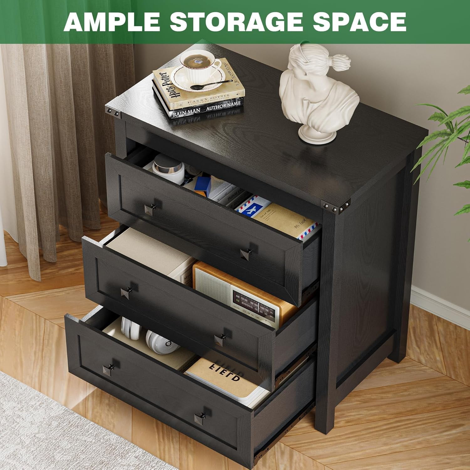 FANRAL 3 Drawers Dresser for Bedroom,Small Dresser Modern Chest of Drawers with LED Open Shelf,Wood Closet Clothes Organizer Storage Cabinet,Black Dresser