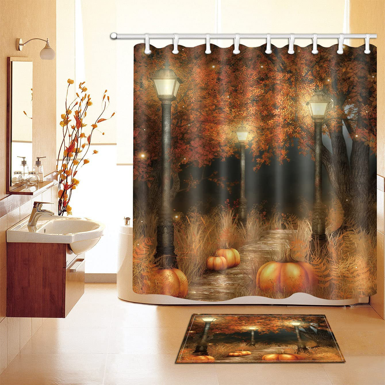 72x72'' Gold feather Bathroom Shower Curtain Set Waterproof Fabric & 12 Hooks 