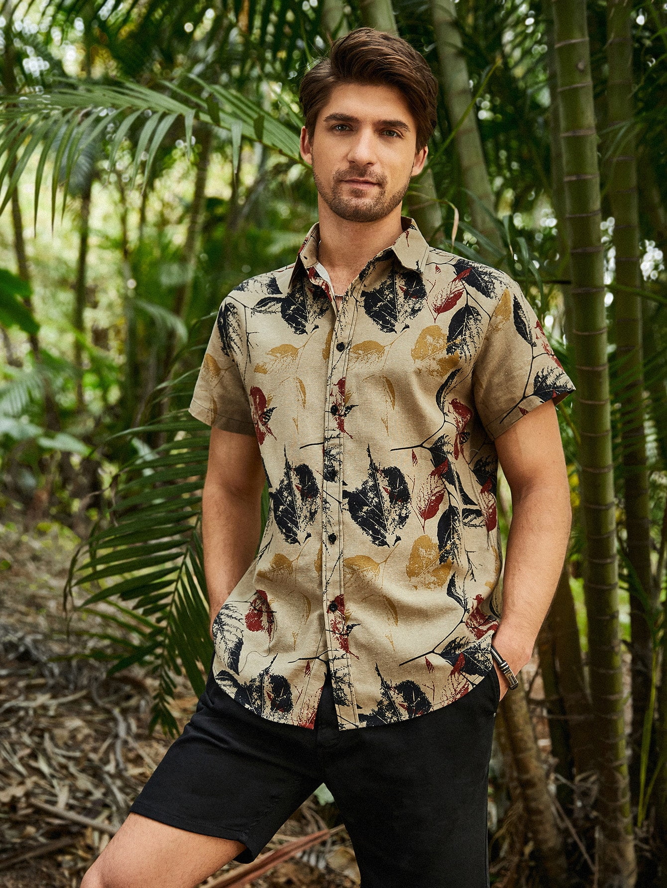 Multicolor Men Leaf Print Button Up 