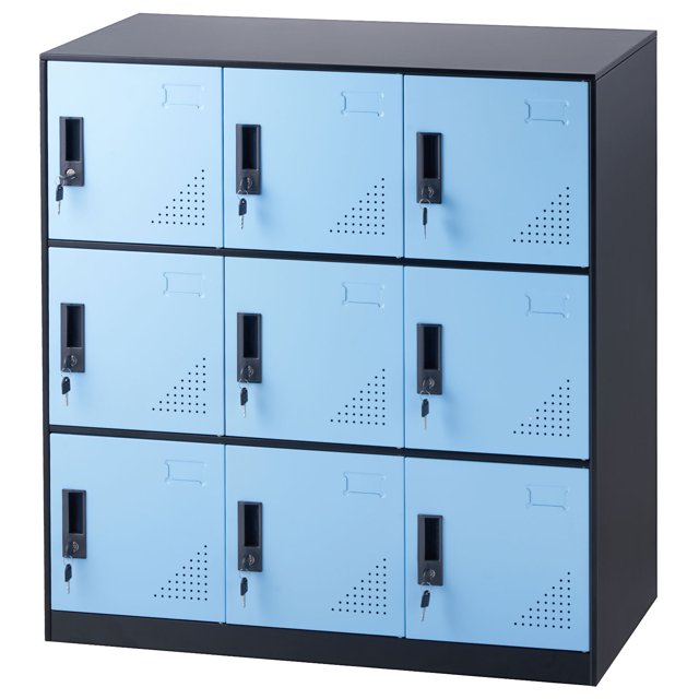 KFFKFF Metal Storage Unit for Workplaces, 9-Compartment Cabinet with Name Tag Area, Secure Lockers with Individual Keys, 66lbs Capacity for Office, Educational Institutions, Gyms, Home Use, Black