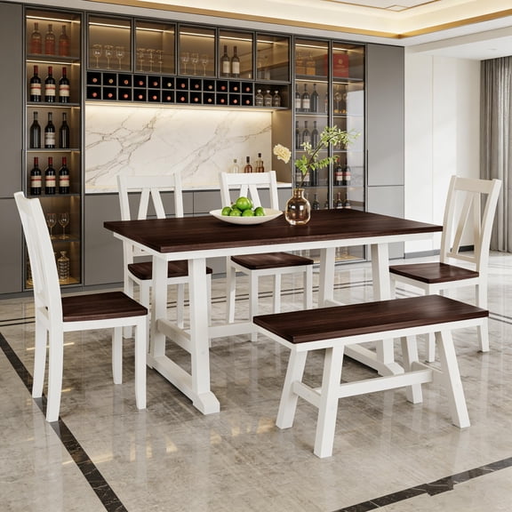 6-piece dining table set with bench and 4 chairs, farmhouse-style kitchen dining table set, suitable for dining room, dark coffee and white finish
