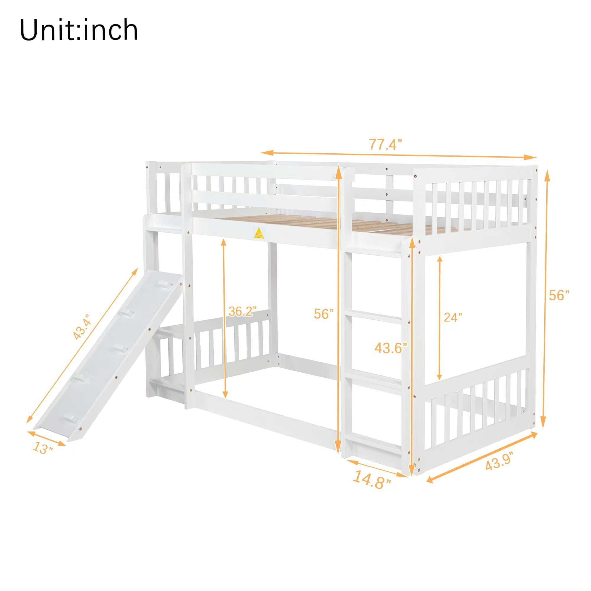 Leumius Twin Over Twin Floor Bunk Bed, Playhouse Floor Bunk Bed with Climbing Ramp, Ladder, Safety Guardrails for Boys Girls White