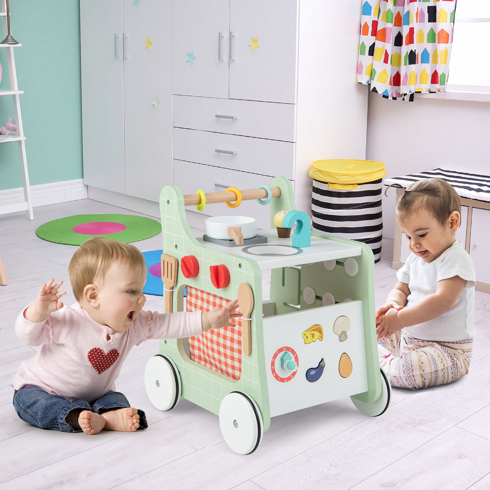 Costway 6-in-1 Baby Push Walker Wooden Strollers Learning Activity Center Toy with Kitchen 12+ months+ Green