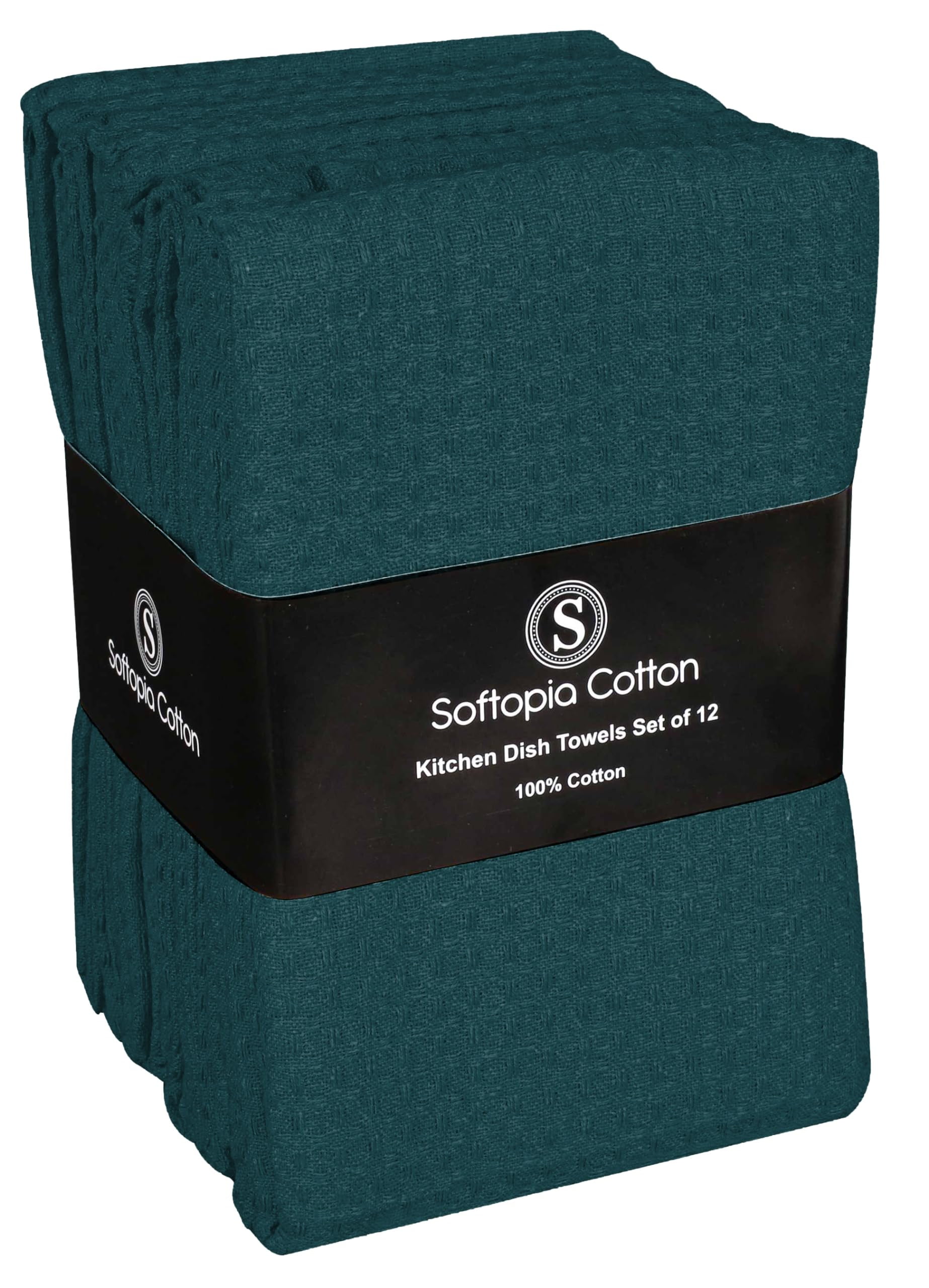 Softopia Cotton Teal Green Kitchen Towels – Waffle Weave, 100% Cotton, Soft & Absorbent, Fast Dry, Durable, 16x26 Inches, Perfect for Dish Drying, Bar, Cleaning, and Everyday Use, Set of 12, Teal