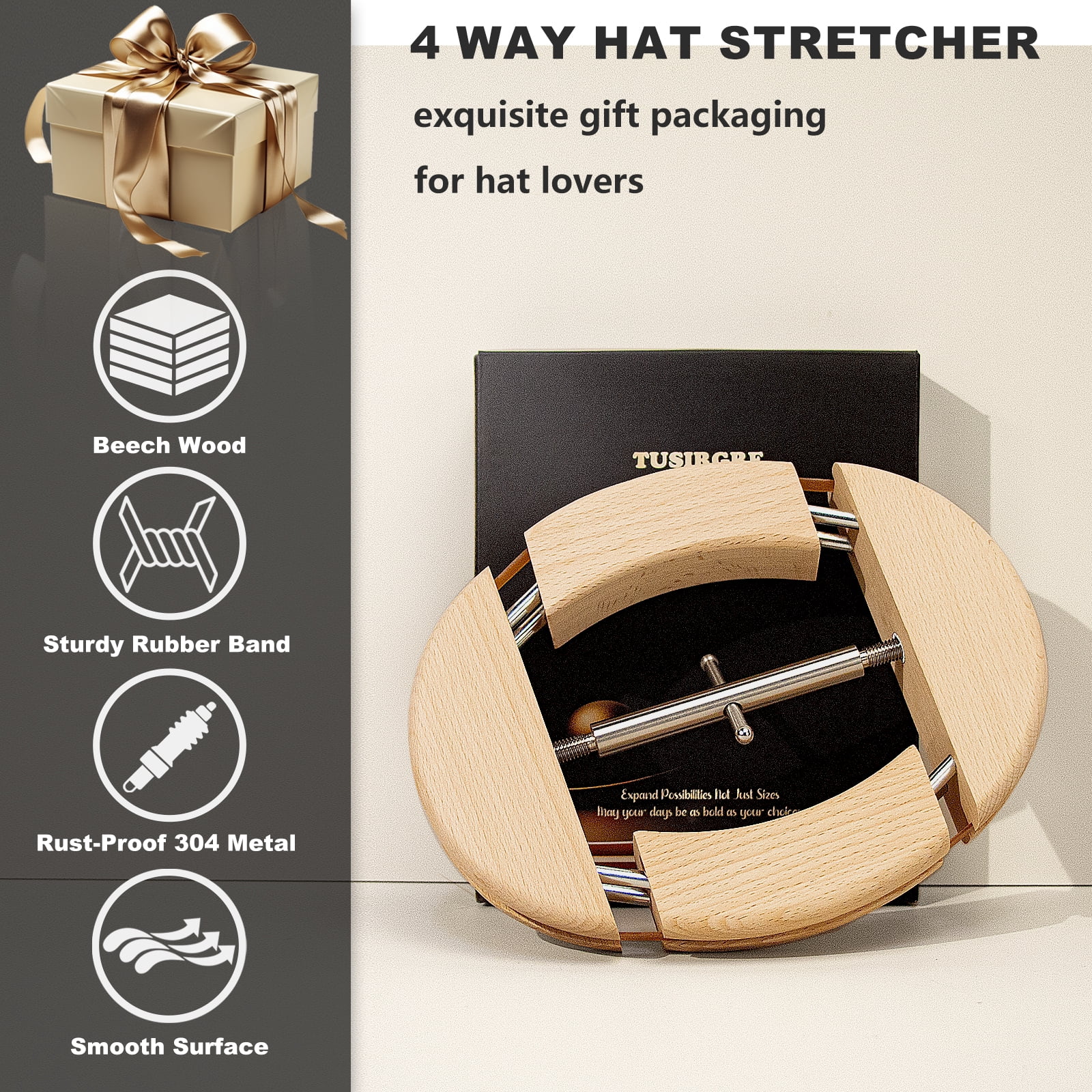 4 Way Hat Stretcher for Fitted Hats, Cowboy Hat Stretcher for Men Fits All Caps - Beech Wood, Heavy Duty of Hats Extender, Widener Shaper Large Size Hat Jack w. Sliding Wrench
