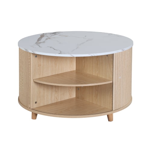 32 Inch Round Coffee Table with Storage, Modern Fluted Wood Center Table with Sliding Cabinet and Hidden Compartment, Circular Living Room Accent Table (White Marble Oak)