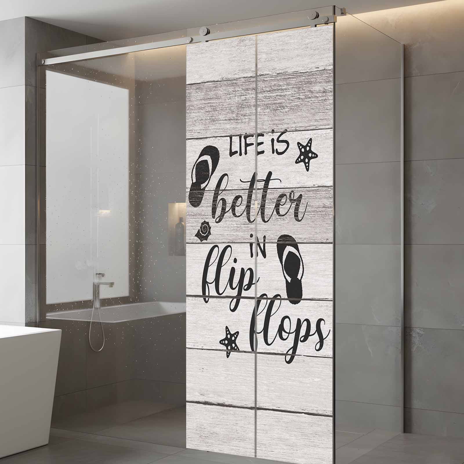 LIFE IS Window Privacy Film, BETTER IN FLIP FLOPS Starfish Wood Grain Frosted Glass Window Clings Static Cling UV Heat Blocking Reusable Door Sticker for Bathroom 23.6 x 59 Inch