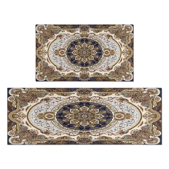 Kitchen Rugs and Mats Non Skid Washable Brown Pattern Bohemia Kitchen Mat and Rug Set,Floor Cushion Waterproof Rug,Rubber Backed Area Rugs for Kitchen Laundry