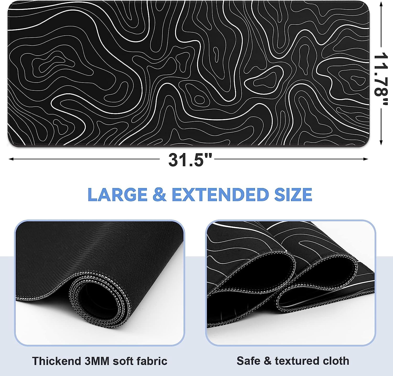 Mouse Pad Gaming Keyboard Pad 31.5 x 11.8in Topographic Mouse Pad Black White Mouse Mat for Keyboard with Anti-Slip Rubber Base,Big Mouse Pad Long Mouse Pad Mouse Mat