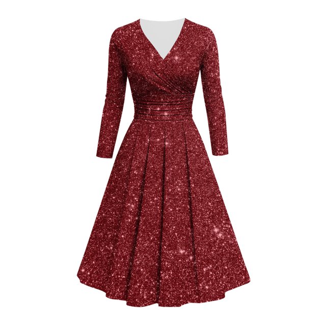 Vestido de Manga Corta para las Mujeres, Color Sólido V-Cuello Bling Bling Impresión Plegado Cintura Abrazar Vestido