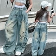 thumbnail image 3 of Kiijoy Little Girls Fashion Wide Leg Jeans Distressed Denim Cargo Pants, Sizes 5-6, 3 of 6