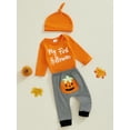 thumbnail image 3 of Suealasg 3Pcs Newborn Baby Boys Halloween Outfits Clothes Set 3 6 12 18 Months Infant Boys Crew Neck Long Sleeve Letter Print Romper Pumpkin Print Pants Hat Set, 3 of 8