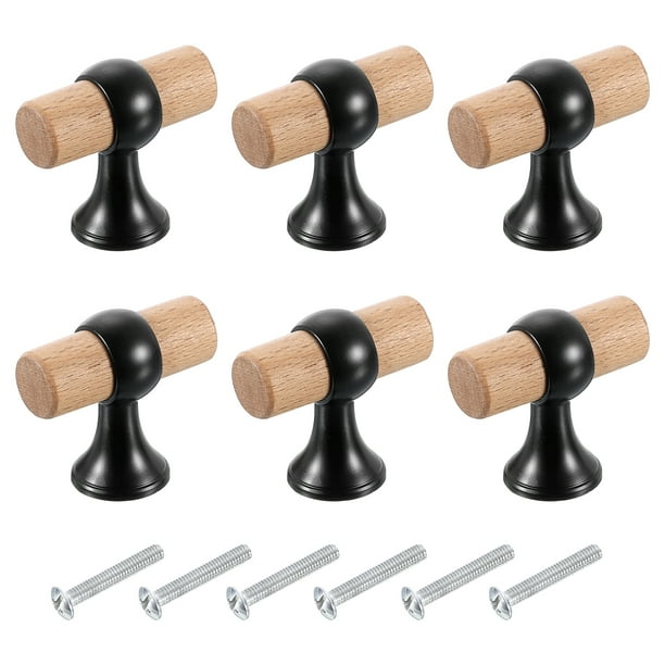 Uxcell 6 Pcs T Bar Tiradores de Cajón de Madera con Agujero Único y Tornillos, Madera Sólida/Plata