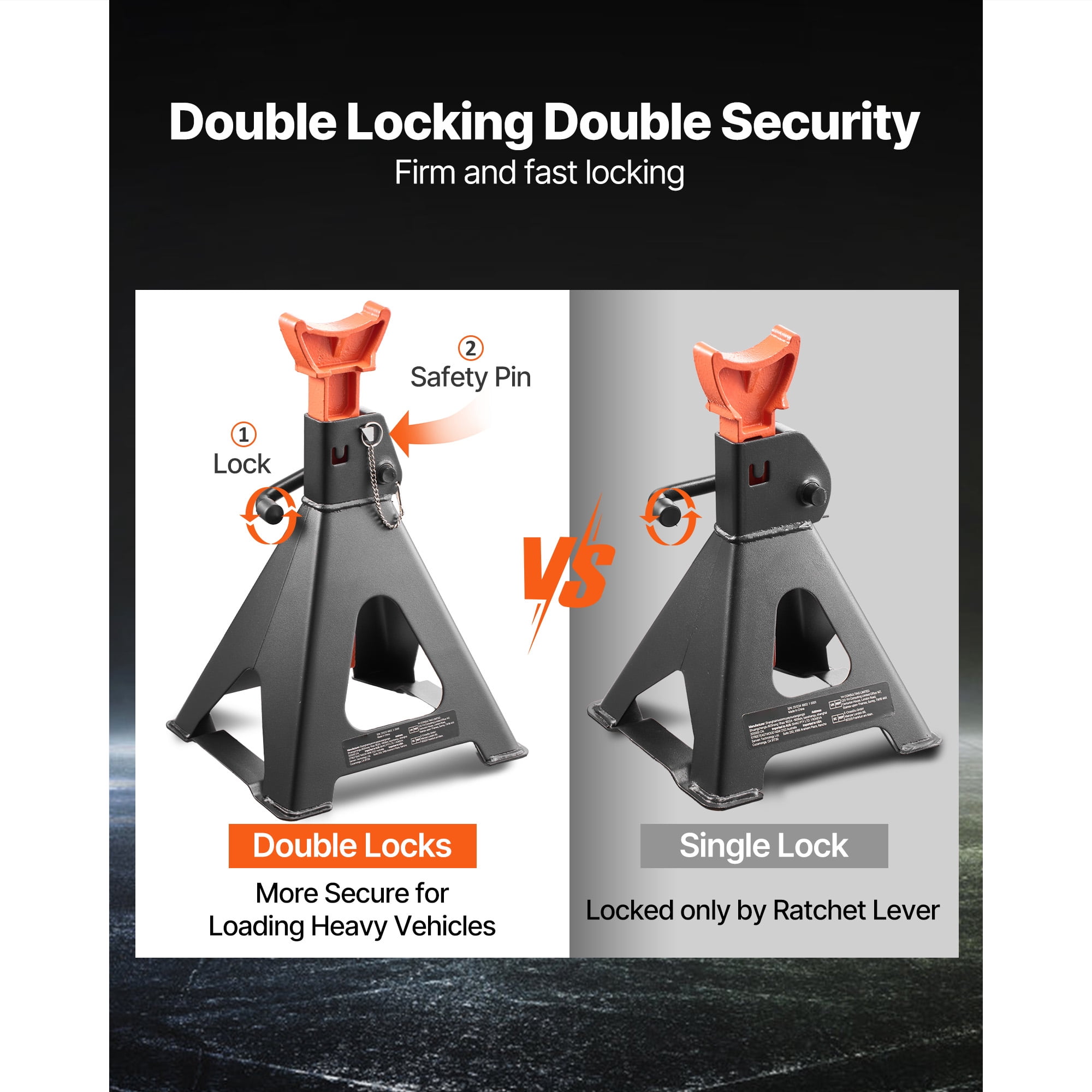 KFFKFF 6 Ton Capacity Jack Stands, Adjustable Height 14.6-22.8 in, Heavy-Duty Steel Construction with Double Locking Mechanism, Suitable for RVs, Trucks, Cars, SUVs, 1 Pair, Black and Orange